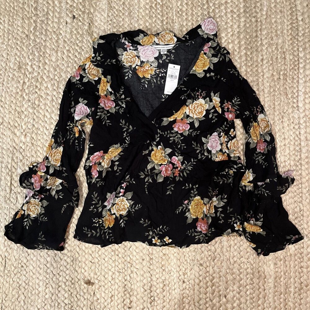 American Eagle Women Size Small Long Bell Sleeve Floral Black Top Blouse